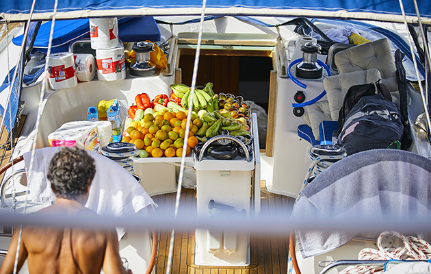 A yacht with provisions in the cockpit