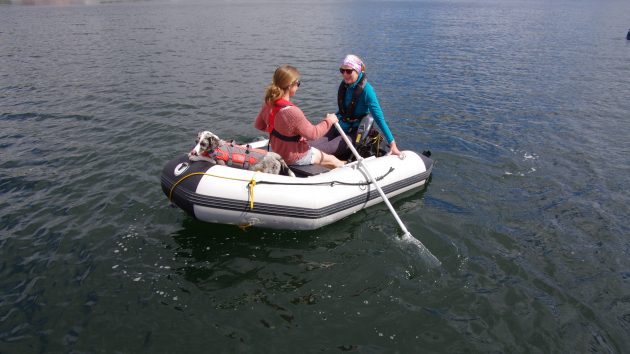 Two women rowing a dinghy with a dog onboard