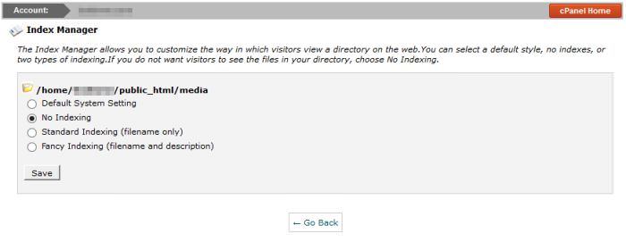 Index Manager in cPanel Index Manager in cPanel