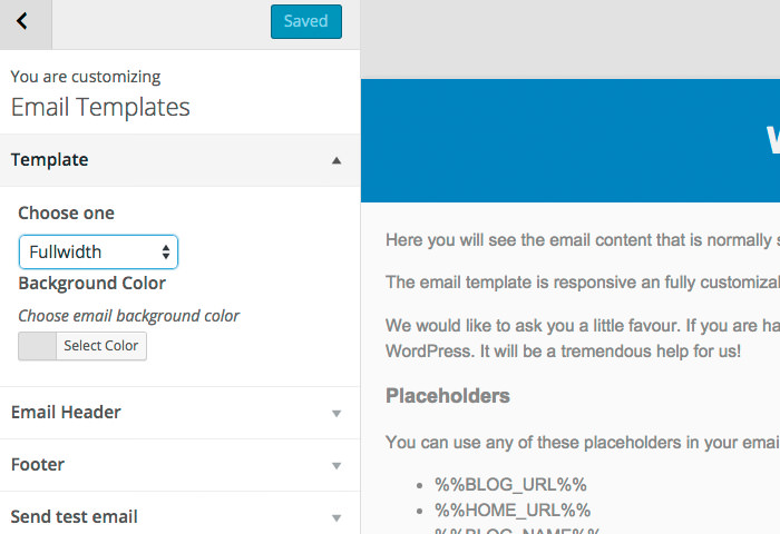WordPress default template customizer options
