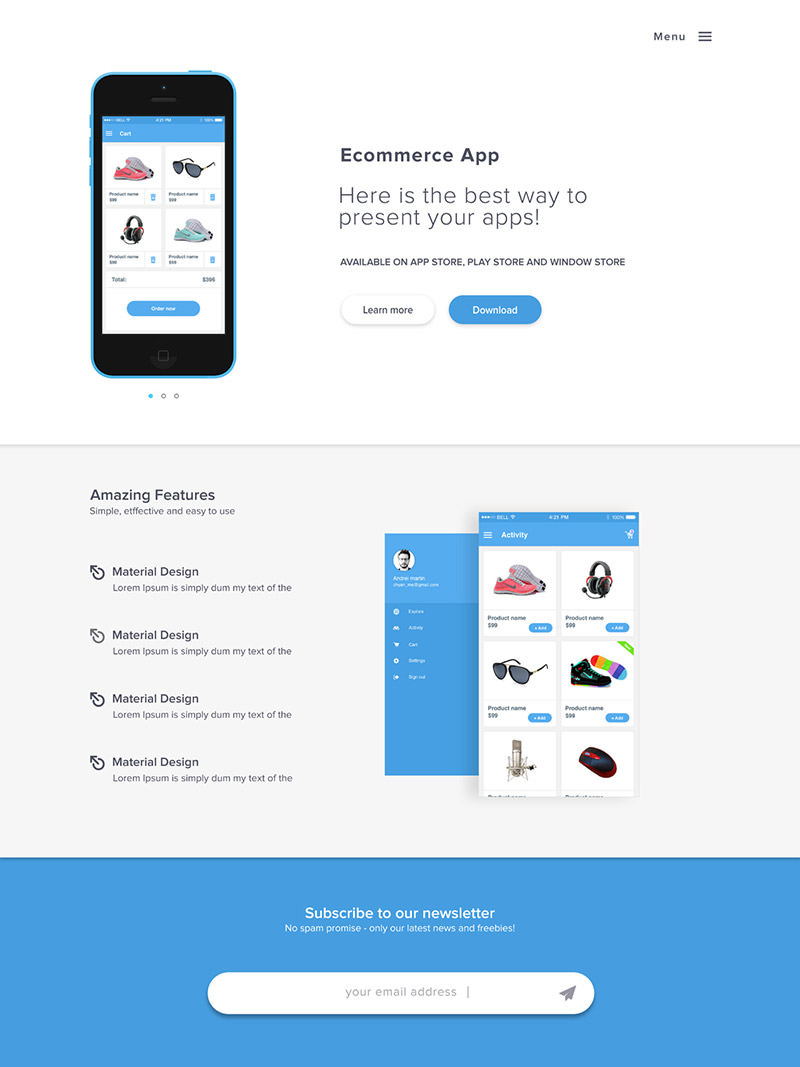 Flat and Material Style Landing Page PSD Template
