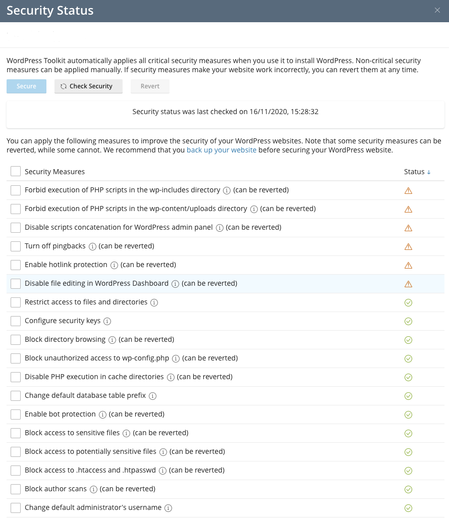 WordPress Toolkit Security Status
