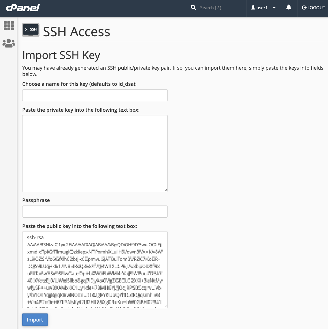 cPanel Import SSH Key